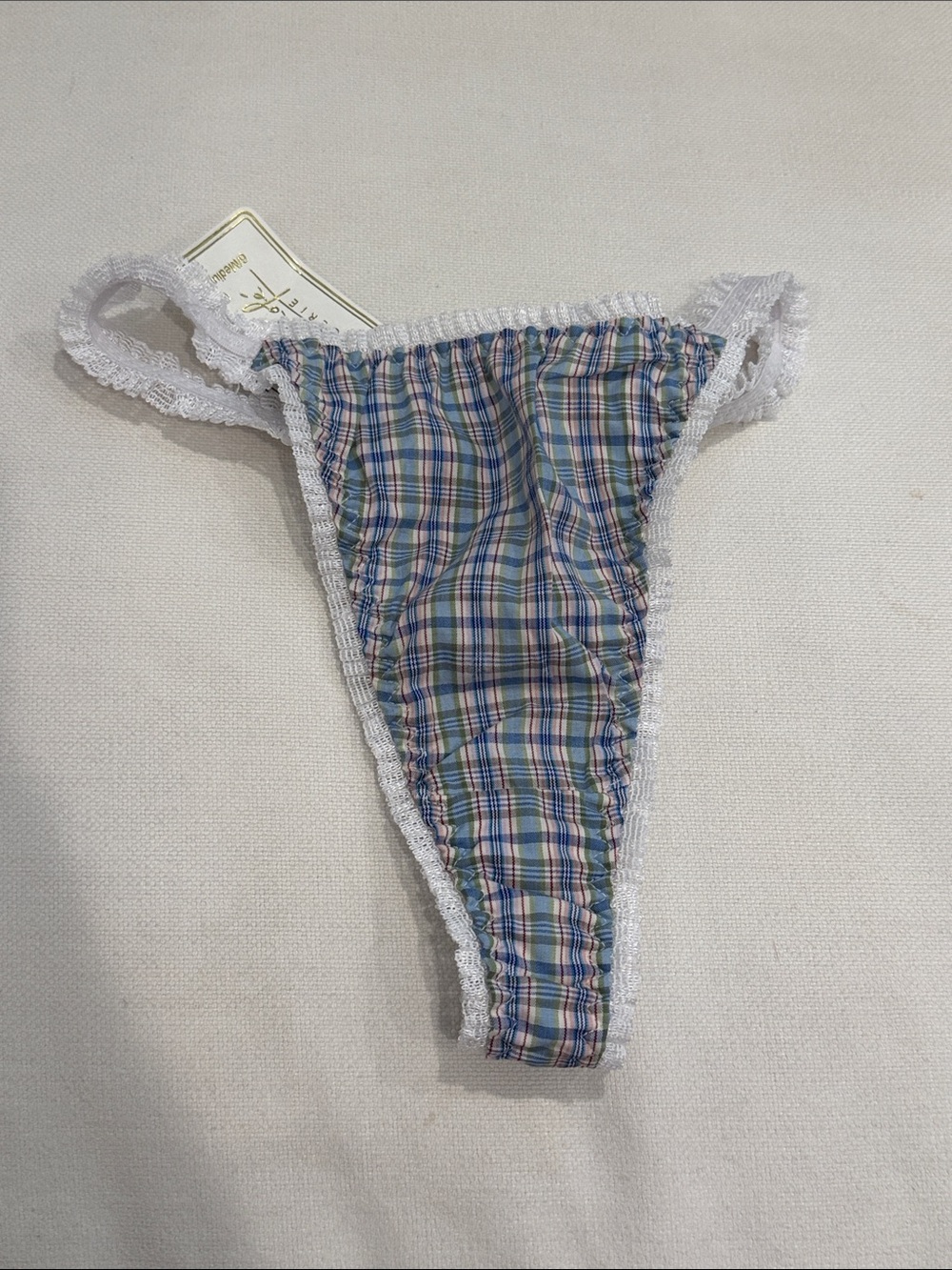 Rene Rofe Plaid Lace-Trim Thong - Blue & Green